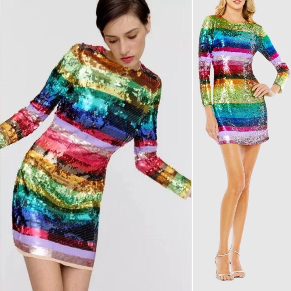 Mac Duggal 93724 Size 6 Rainbow Sequin Multicolor Striped Long Sleeve Dress NWT